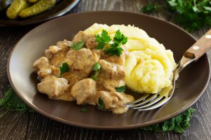 Beef Stroganoff with mashed potatoes